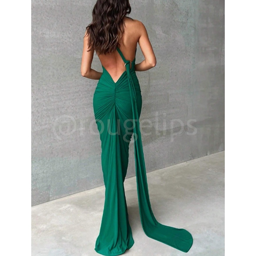 Green Maxi Long Sheath Dress One Shoulder Long Strap Ruched Back
